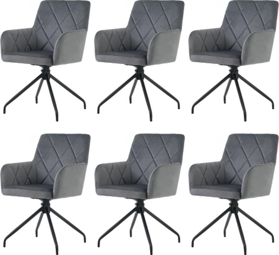 Gotagee 360° Draaibare Eetkamerstoel Set van 6 Gestoffeerde Fauteuil met Metalen Poten Lounge Stoel Woonkamerstoel Lendensteun Fluweel Antraciet