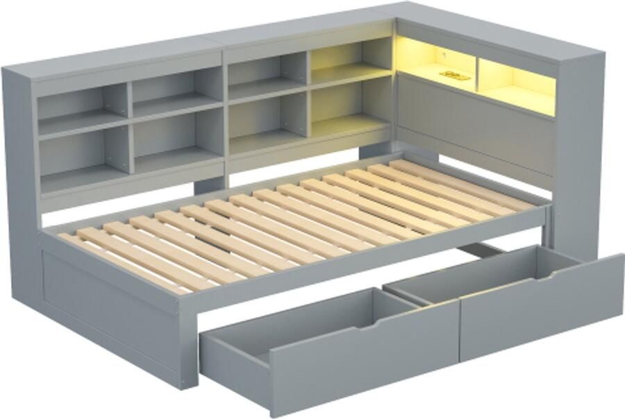 Gotagee 90x200 cm slaapbank met lade bed met USB en stopcontact met LED-strip met planken en opbergvakken veel opbergruimte multifunctioneel eenpersoonsbed van hout grijs