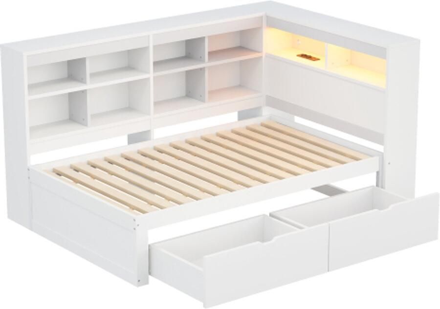 Gotagee 90x200 cm slaapbank met lade bed met USB en stopcontact met LED-strip met planken en opbergvakken veel opbergruimte multifunctioneel eenpersoonsbed van hout wit