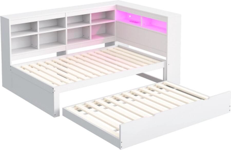 Gotagee 90x200 cm slaapbank met uitschuifbaar bed met USB-aansluiting en LED-verlichting met planken en opbergvakken veel opbergruimte multifunctioneel eenpersoonsbed van hout wit