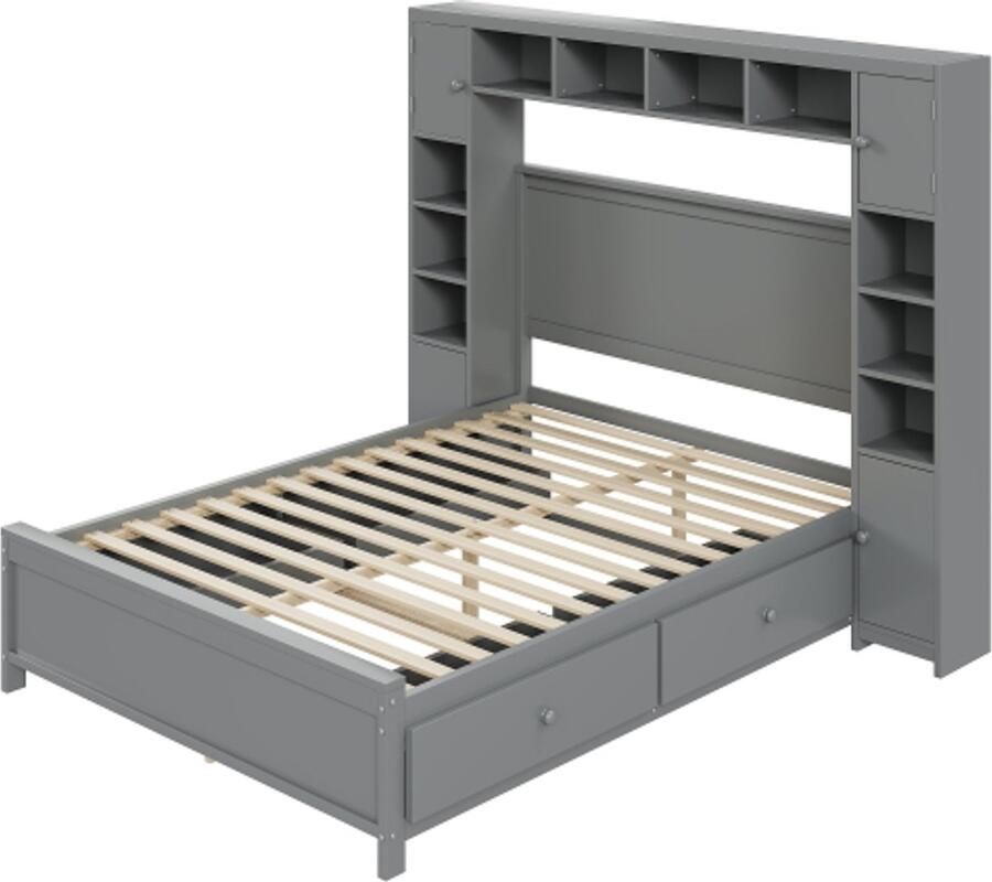 Gotagee Bedframe met opbergruimte 140x200 met 4 lades en grote opbergkast tweepersoonsbed met lattenbodem grijs