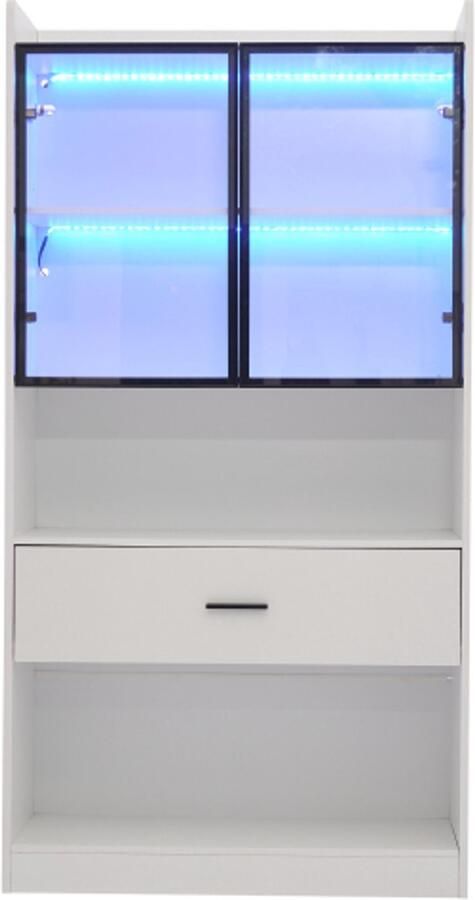 Gotagee Curio Vitrinekast met Licht Opbergplanken met Opklapbare Glazen Deurtjes 1 Grote Lade & 16 Kleuren Licht Collectibles Kast Display Plank Boekenplank Vitrine voor Woonkamer Wit Zwart Venster