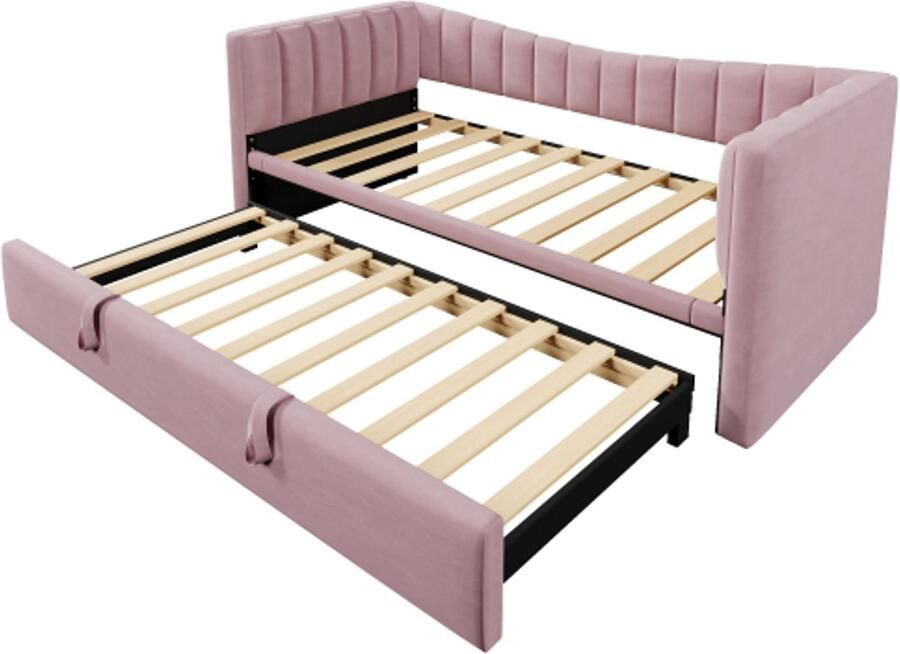 Gotagee Dagbed 90 x 200 cm (180 x 200 cm) Gestoffeerd bed met uitschuifbaar bed slaapbank eenpersoonsbed tweepersoonsbed (zonder matras) fluweel minimalistische stijl roze