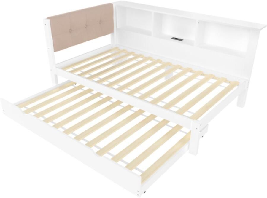 Gotagee Dagbed slaapbank 90x200cm eenpersoonsbed (zonder matras) met uitschuifbaar bed met dimbare ledstrip met praktische plank met USB-aansluiting grenenhout wit