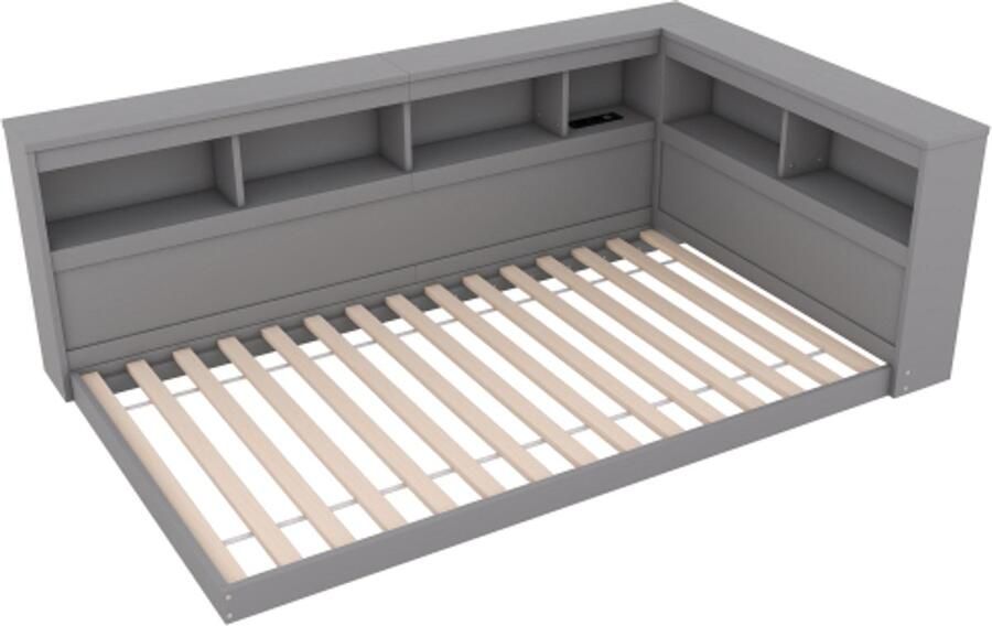 Gotagee Daybed 90 x 200 cm slaapbank daybed met stopcontact en 2 USB-poorten bed met lattenbodem (zonder matras) grijs