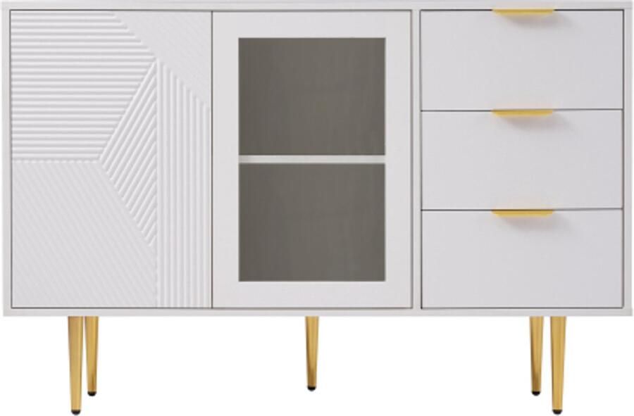 Gotagee Dressoir woonkamerkasten vitrinekast bijzetkast met 3 laden en 2 deuren met metalen poten en glazen deuren 120 x 38 x 79.5 cm wit