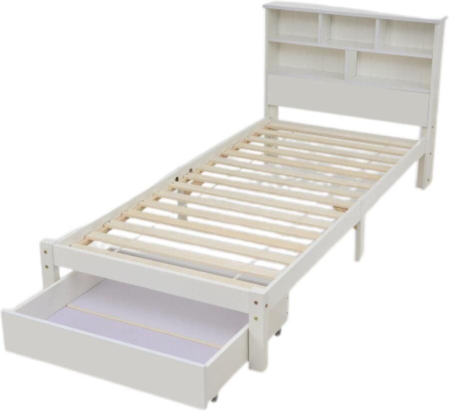 Gotagee Eenpersoonsbed Houten bed met lade en lattenbodem boekenkast tieners en volwassenen kinderbed 90x200cm wit