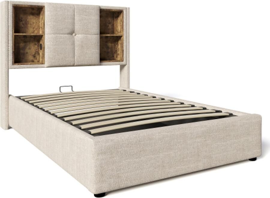 Gotagee Eenpersoonsbed met draadloos opladen USB C gestoffeerd bedframe 90x200cm bedframe met opbergruimte lattenbodem van hout-natuurlijk linnen (met matras)