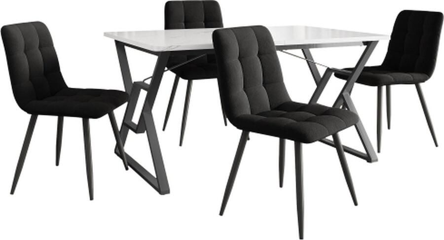 Gotagee Eetkamerset (5-delig) 119x70cm Eettafel met 4 stoelen set Marmerpatroon Keukentafel Eettafel met zwarte ijzeren poten Zwarte eetkamerstoel