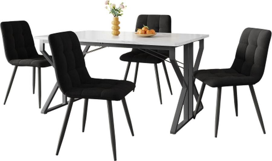 Gotagee Eetkamerset (5-delig) 119x70cm Eettafel met 4 stoelen Set Marmerpatroon Keukentafel Zwarte ijzeren poten Eetkamerstoel Zwarte fluweel