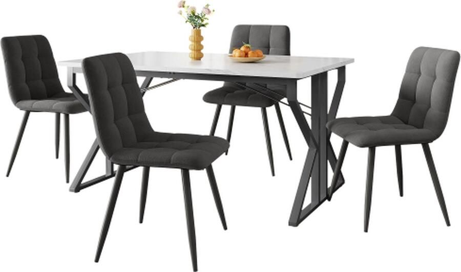 Gotagee Eetkamerset (5-delig) 119x70cm Eettafel met 4 stoelen Set Marmerpatroon Keukentafel Zwarte ijzeren poten Eetkamerstoel grijs fluweel