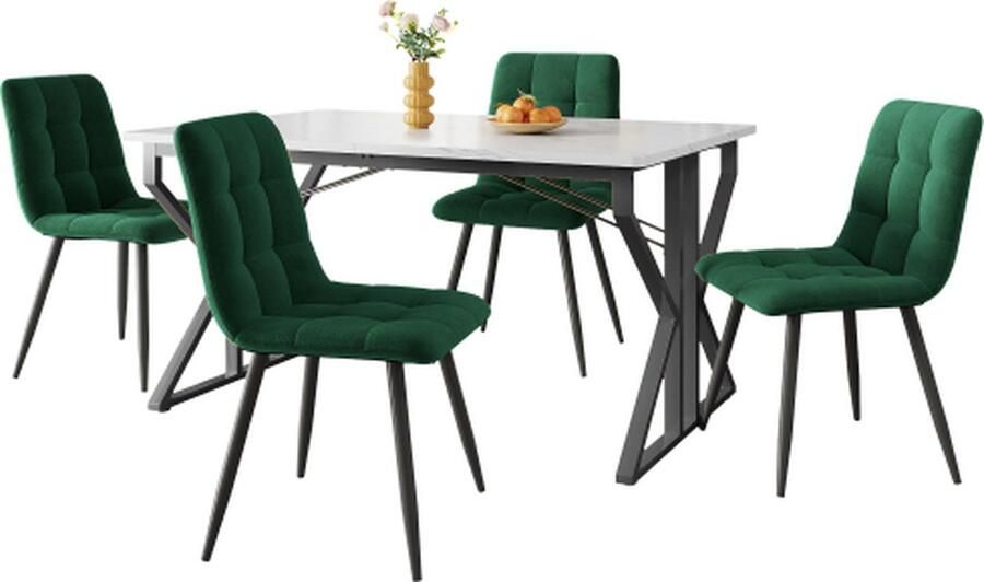Gotagee Eetkamerset (5-delig) 119x70cm Eettafel met 4 stoelen Set Marmerpatroon Keukentafel Zwarte ijzeren poten Eetkamerstoel Donkergroen fluweel