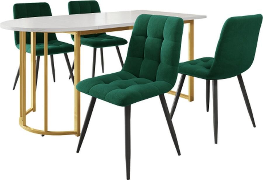 Gotagee Eetkamerset (5-delig) 139x80cm eettafel met 4 stoelen set goudkleurige eettafel donkergroene fluwelen stoel marmerpatroon keukentafel ijzeren poten