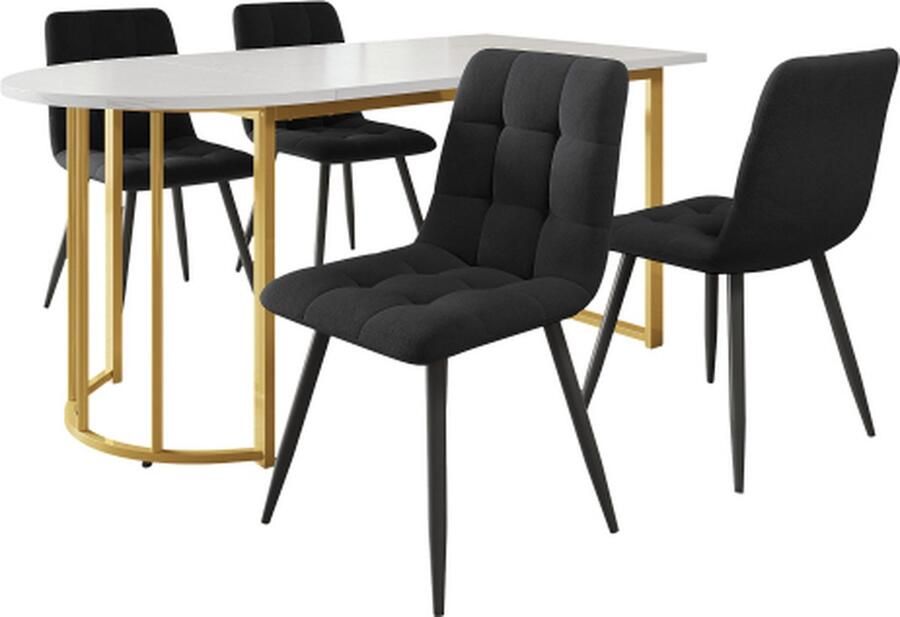 Gotagee Eetkamerset (5-delig) 139x80cm eettafel met 4 stoelen set marmer patroon keukentafel zwarte fluwelen stoel goudkleurige eettafel ijzeren poten