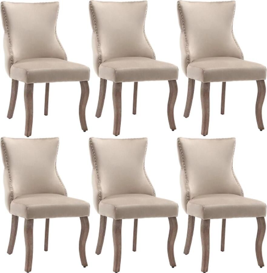 Gotagee Eetkamerstoel 6 stuks Woonkamerstoel Beige fluwelen stoel Deksel van gebogen Poten van massief hout