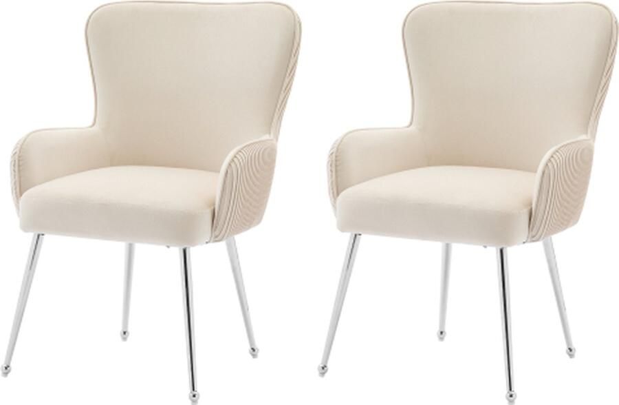 Gotagee Eetkamerstoel Set van 2 Woonkamerstoel Slaapkamerstoel Loungestoel met zilveren metalen steunpoten Armleuningstoel Lendensteun Beige fluweel
