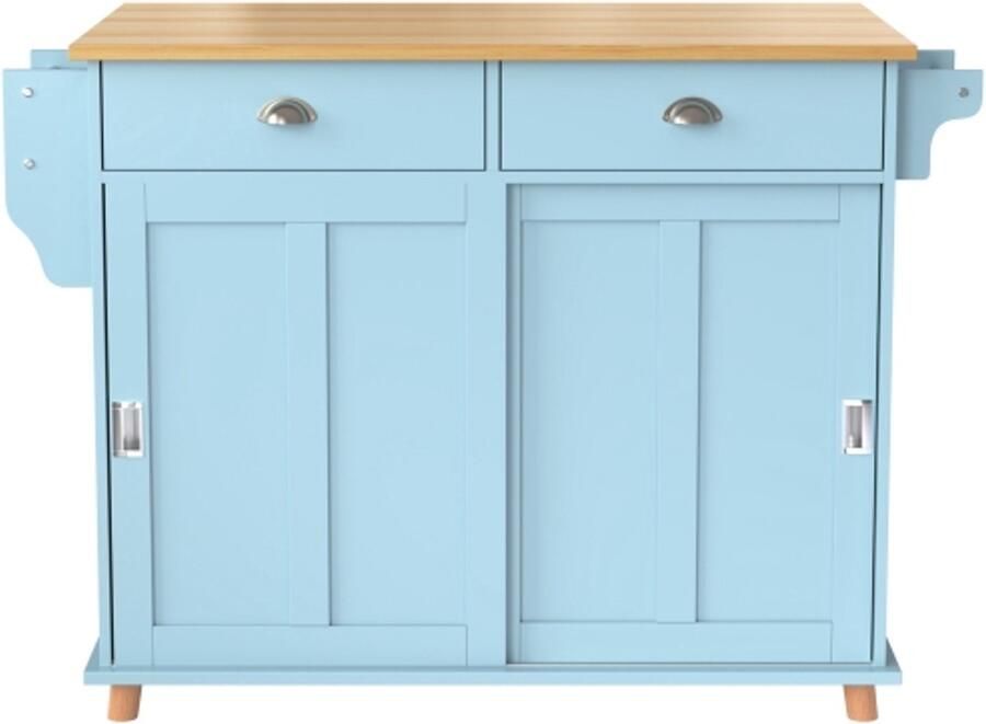 Gotagee Eetkamertrolley dressoir 112 x 40 (70) x 94 cm opklapbaar werkblad in massief houtlook met opbergdeuren wielen en verwisselbare massief houten poten geschikt voor keukens en eetkamers blauw