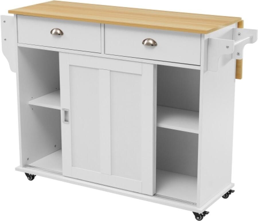 Gotagee Eetkamertrolley dressoir 112 x 40 (70) x 94 cm opklapbaar werkblad in massief houtlook met opbergdeuren wielen en verwisselbare massief houten poten geschikt voor keukens en eetkamers wit