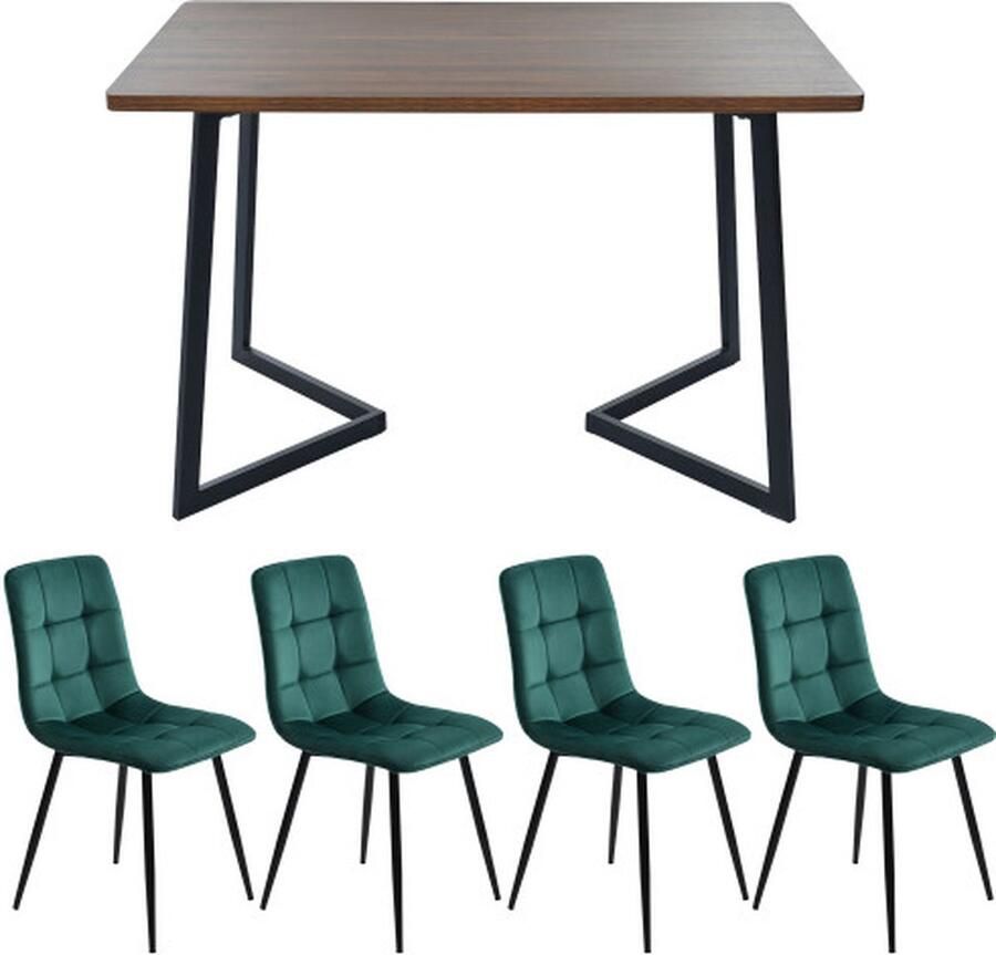 Gotagee Eetset (5-delig) Eettafel met 4 stoelen Keukentafel set met zwarte metalen poten MDF tafelblad in walnootkleur Donkergroen Fluweel Eetkamerstoelen