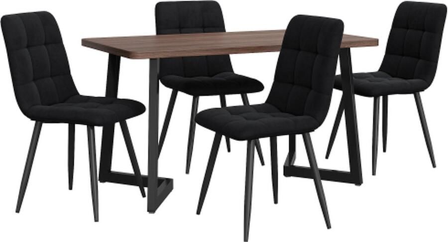 Gotagee Eetset (5-delig) Eettafel met 4 stoelen Keukentafel set met zwarte metalen poten MDF tafelblad in walnootkleur Zwart Fluweel Eetkamerstoelen