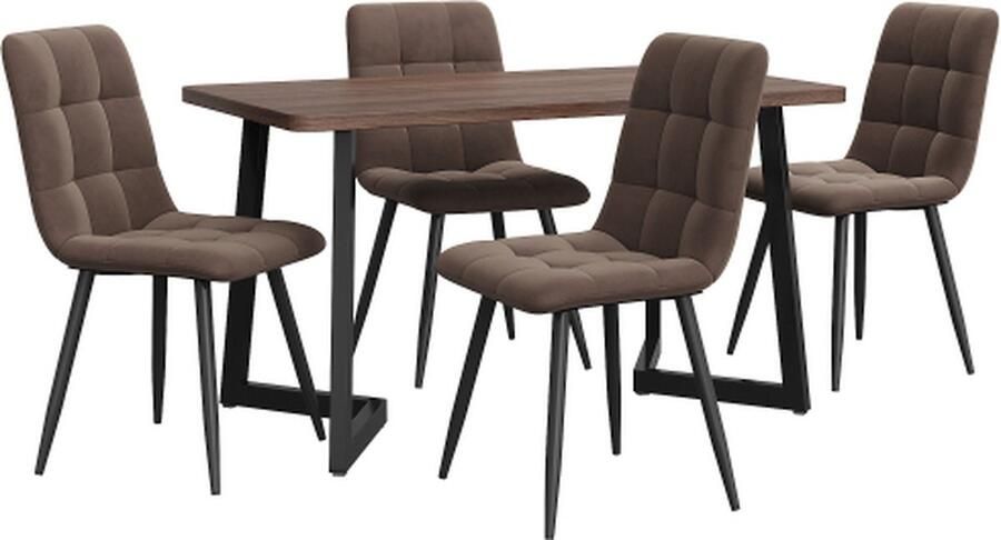 Gotagee Eetset (5-delig) Eettafel met 4 stoelen Keukentafel set met zwarte metalen poten MDF tafelblad in walnootkleur Bruin Fluweel Eetkamerstoelen