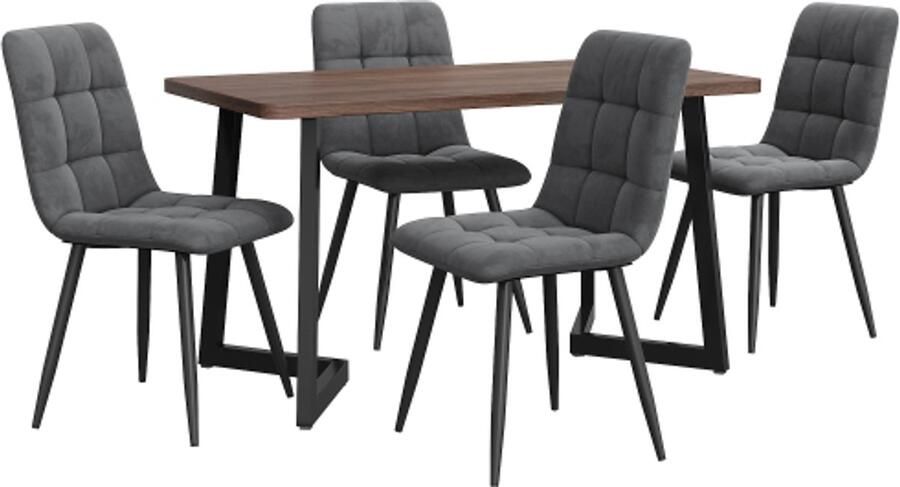 Gotagee Eetset (5-delig) Eettafel met 4 stoelen Keukentafel set met zwarte metalen poten MDF tafelblad in walnootkleur Donkergrijs Fluweel Eetkamerstoelen