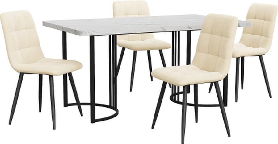 Gotagee Eetset (5-delig) Eettafel met 4 stoelen set Beige Fluweel Eetkamerstoelen Keukentafelset met Zwarte metalen poten MDF tafelblad in wit