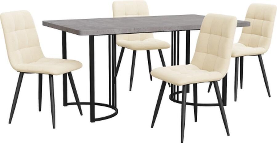 Gotagee Eetset (5-delig) Eettafel met 4 stoelen set Beige Fluweel Eetkamerstoelen Keukentafelset met Zwarte metalen poten MDF tafelblad in grijs