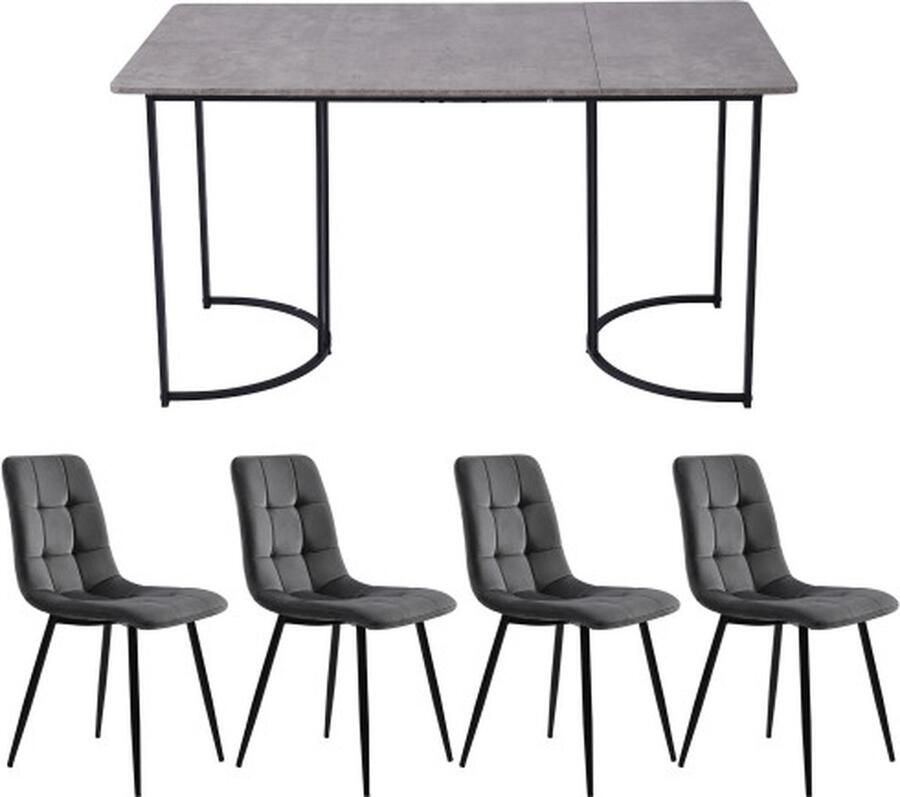 Gotagee Eetset (5-delig) Eettafel met 4 stoelen set Donkergrijs Fluweel Eetkamerstoelen Keukentafelset met Zwarte metalen poten MDF tafelblad in grijs