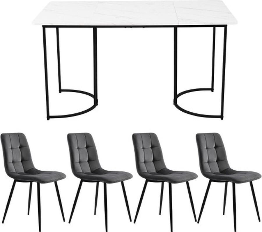 Gotagee Eetset (5-delig) Eettafel met 4 stoelen set Donkergrijs Fluweel Eetkamerstoelen Keukentafelset met Zwarte metalen poten MDF tafelblad in wit