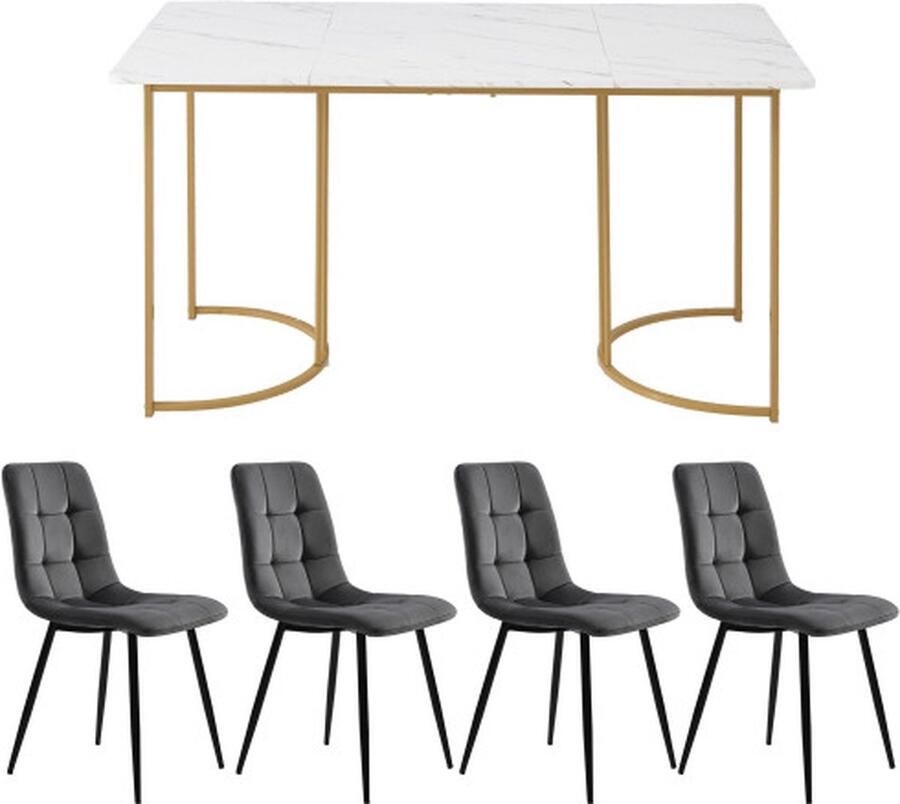 Gotagee Eetset (5-delig) Eettafel met 4 stoelen set Donkergrijs Fluweel Eetkamerstoelen Keukentafelset met Gouden metalen poten MDF tafelblad in wit - Foto 2