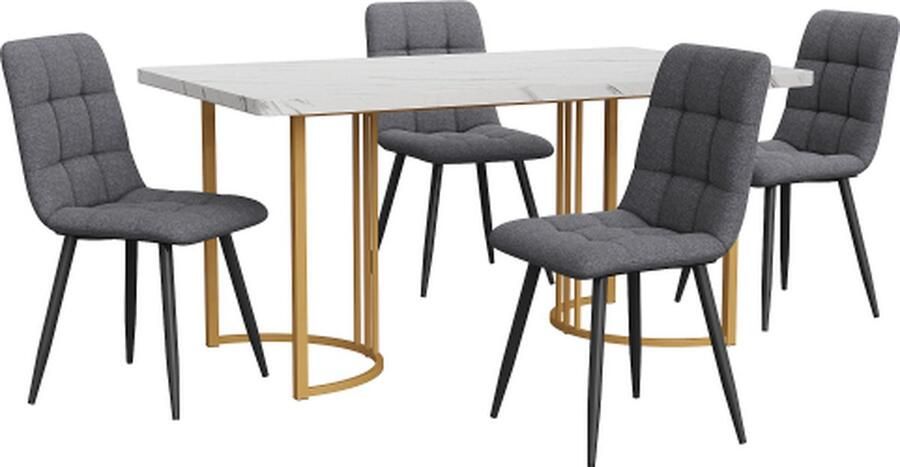 Gotagee Eetset (5-delig) Eettafel met 4 stoelen set Donkergrijs Linnen Eetkamerstoelen Keukentafelset met Gouden metalen poten MDF tafelblad in wit