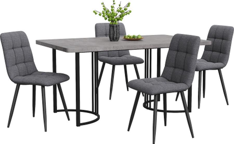 Gotagee Eetset (5-delig) Eettafel met 4 stoelen set Donkergrijs Linnen Eetkamerstoelen Keukentafelset met Zwarte metalen poten MDF tafelblad in grijs