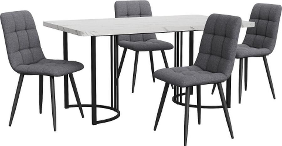 Gotagee Eetset (5-delig) Eettafel met 4 stoelen set Donkergrijs Linnen Eetkamerstoelen Keukentafelset met zwarte metalen poten MDF tafelblad in wit