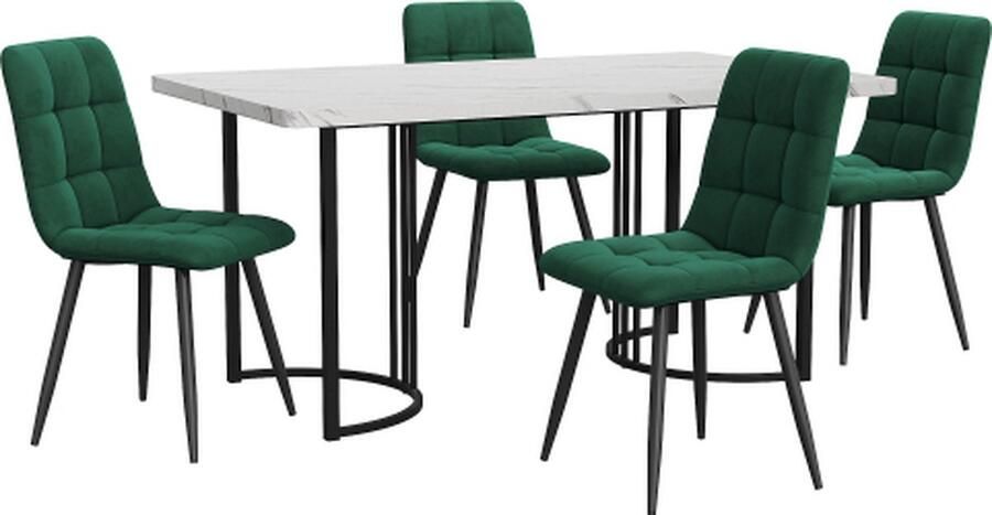 Gotagee Eetset (5-delig) Eettafel met 4 stoelen set Donkergroen Fluweel Eetkamerstoelen Keukentafelset met Zwarte metalen poten MDF tafelblad in wit