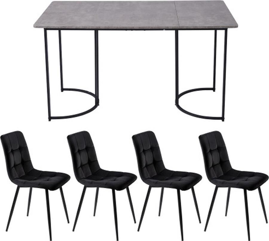 Gotagee Eetset (5-delig) Eettafel met 4 stoelen set Zwart Fluweel Eetkamerstoelen Keukentafelset met Zwarte metalen poten MDF tafelblad in grijs