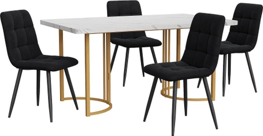 Gotagee Eetset (5-delig) Eettafel met 4 stoelen set Zwart Fluweel Eetkamerstoelen Keukentafelset met Gouden metalen poten MDF tafelblad in wit