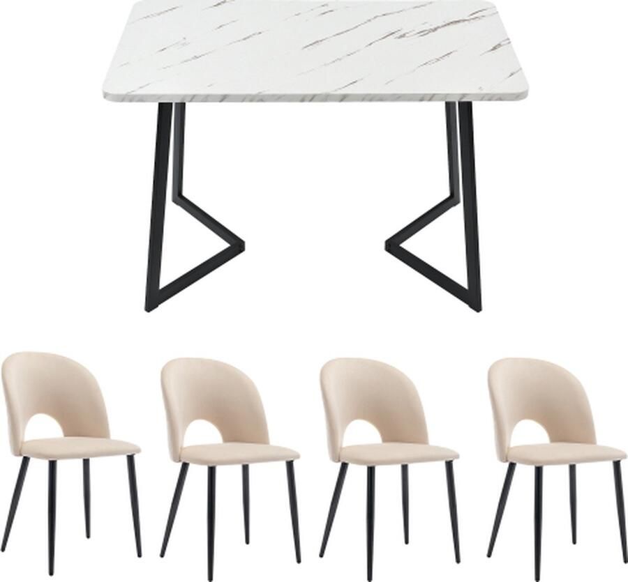 Gotagee Eetset Eettafel met 4 stoelen Beige Fluweel Eetkamerstoel Verstelbare stoelpoten Keukentafelset Zwarte tafelpoten