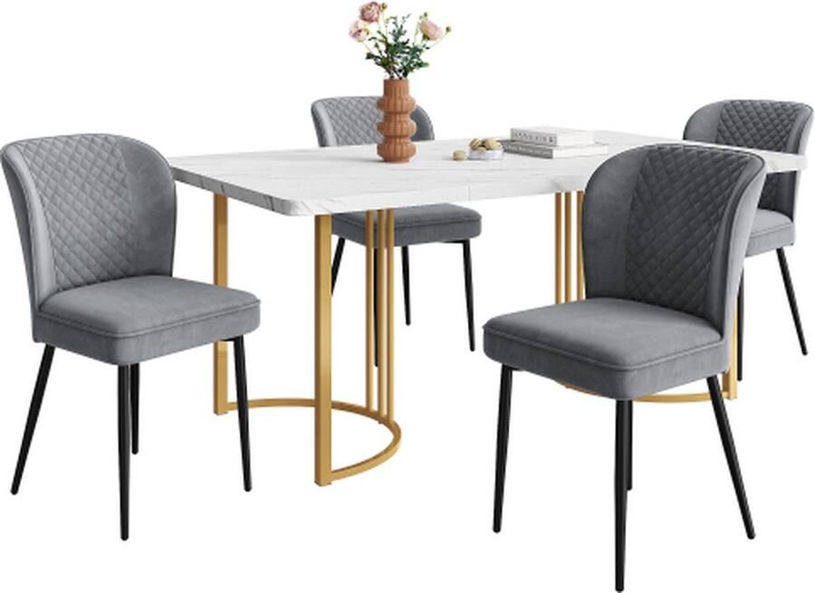 Gotagee Eetset Eettafel met 4 stoelen Donkergrijs Fluweel Eetkamerstoel Gestoffeerde stoel Keukentafel set MDF tafelblad in wit Gouden tafelpoten