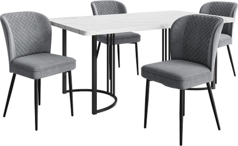 Gotagee Eetset Eettafel met 4 stoelen Donkergrijs Fluweel Eetkamerstoel Gestoffeerde stoel Keukentafel set MDF tafelblad in wit Zwart tafelpoten