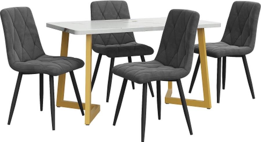 Gotagee Eetset Eettafel met 4 stoelen Donkergrijs Fluwelen Eetkamerstoel Keukentafelset Gouden Tafelpoten
