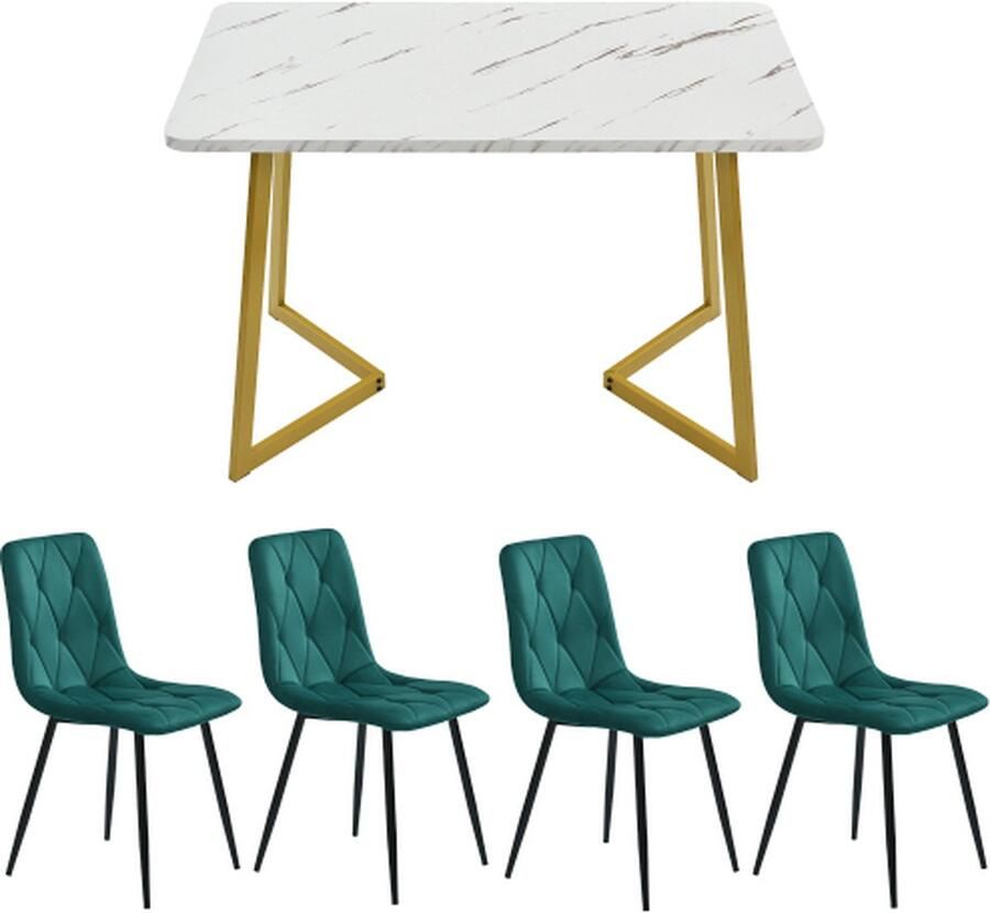 Gotagee Eetset Eettafel met 4 stoelen Donkergroen Fluwelen Eetkamerstoel Keukentafelset Gouden Tafelpoten