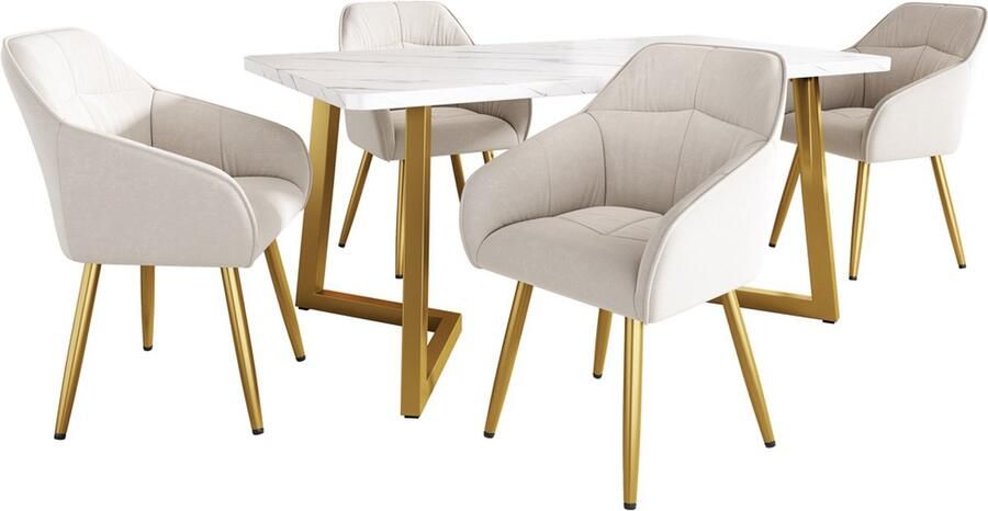 Gotagee Eettafel keukentafel en stoelenset woonkamer zitset (5-delige set) 1 tafel met 4 stoelen wit en beige