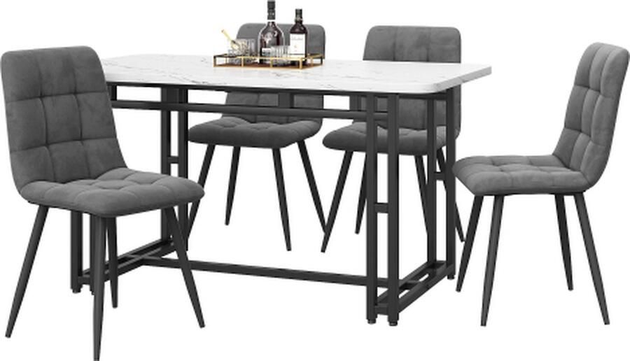 Gotagee Eettafel met 4 stoelen set Keuken eettafel set Donkergrijs Fluweel Eetkamerstoel Zwart ijzeren poten tafel
