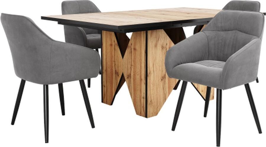 Gotagee Eettafelset (5-delig) Eettafel met houtnerfpatroon met grijs fluweel 4-stoelenset gemaakt van hout Eetkamerstoelen