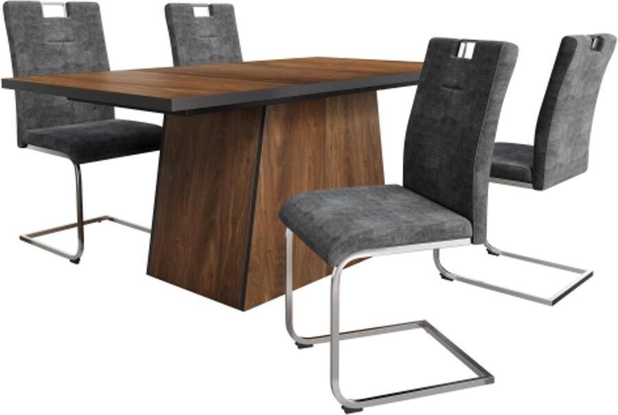 Gotagee Eettafelset (5 stuks) rechthoekige eettafel met donkerbruine houtnerf uitgerust met 4 donkergrijze suède eetkamerstoelen