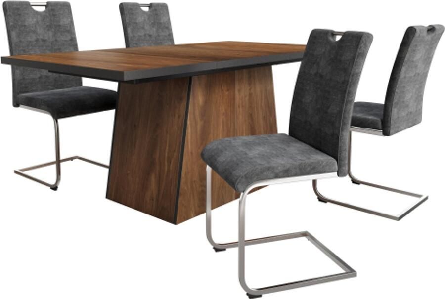 Gotagee Eettafelset (5 stuks) rechthoekige eettafel met donkerbruine houtnerf uitgerust met 4 grijze fluwelen eetkamerstoelen