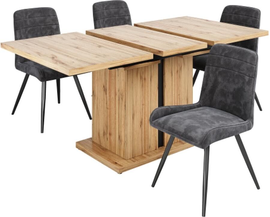 Gotagee Eettafelset (5 stuks) uitschuifbare eettafelset 119-158 5 x 80 cm eettafel met 4 stoelen donkergrijze fluwelen eetkamerstoelen T-pilaar eettafel van massief hout voor keuken en woonkamer