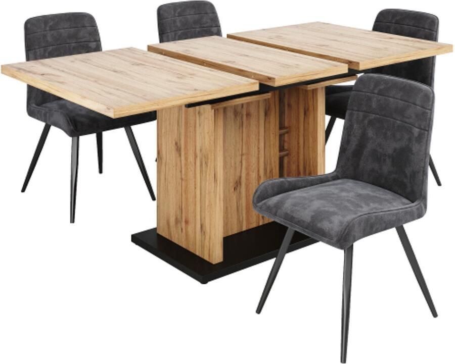 Gotagee Eettafelset (5 stuks) uitschuifbare eettafelset 119-158 5 x 80 cm eettafel met 4 stoelen donkergrijze fluwelen eetkamerstoelen eettafel in houtkleur voor keuken en woonkamer