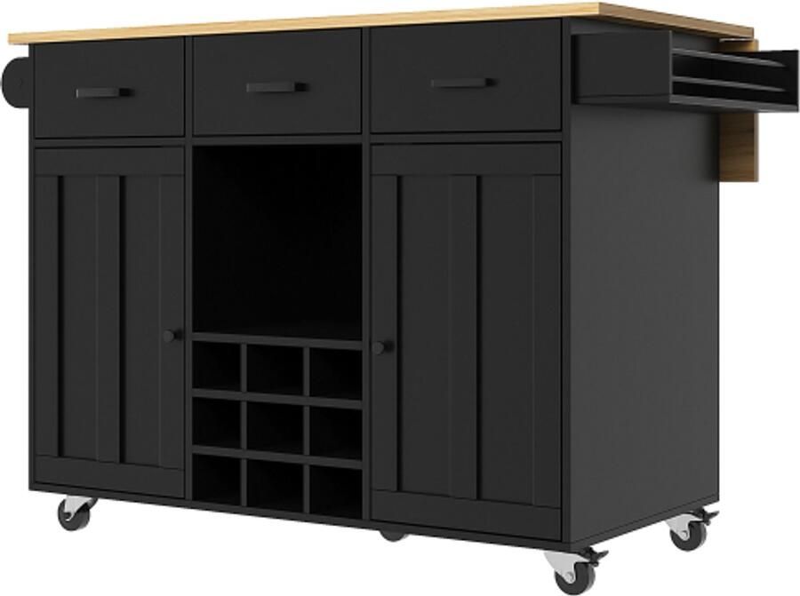 Gotagee Eetwagen keukenwagen uitneembare eetwagen met werkblad handdoekhouder en kruidenrek verstelbare verdelers buffetkast keukenkasten tafelblad met houtnerf zwart